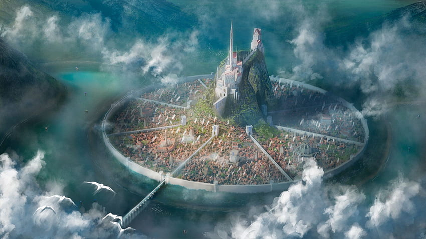 ciudad de fantasía, secciones, castillo, nubes, superior, vista superior fondo de pantalla