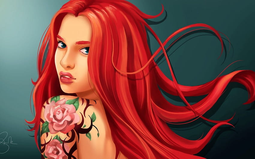Redhead with tattoo, rose, pink, fantasy, art, tattoo, redhead, girl, woman HD wallpaper