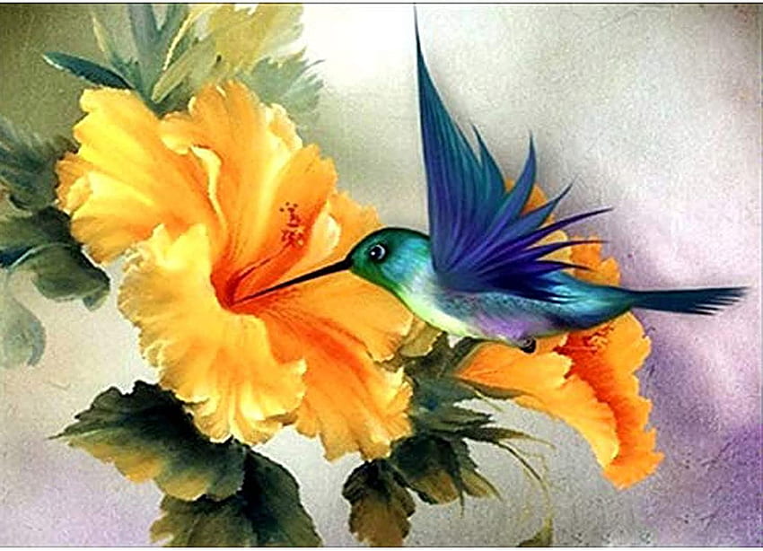 bright yellow flower, animal, humming, bird, yellow, flower HD wallpaper