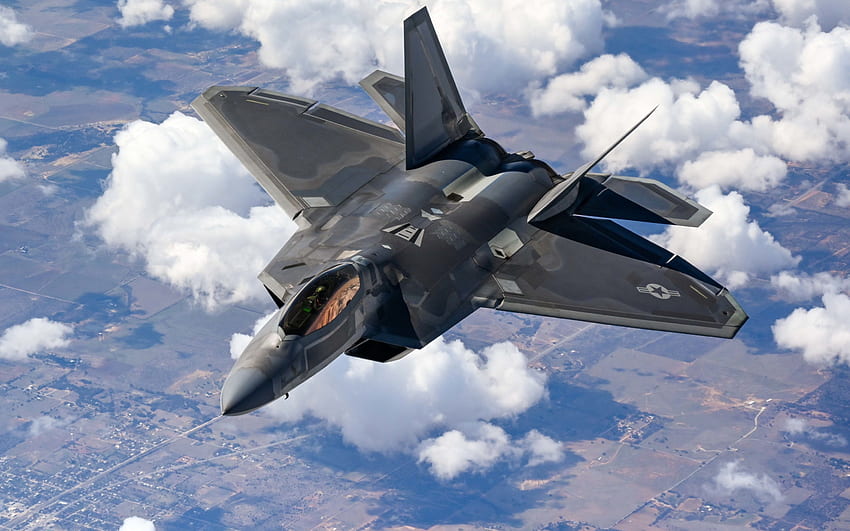 Lockheed Boeing F-22 Raptor, USAF, F-22, американски изтребител в небето, боен самолет, военен самолет, САЩ HD тапет