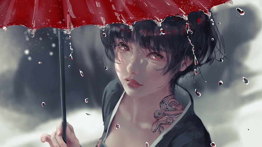 Дъжд аниме момиче с чадър, аниме момиче чадър HD тапет