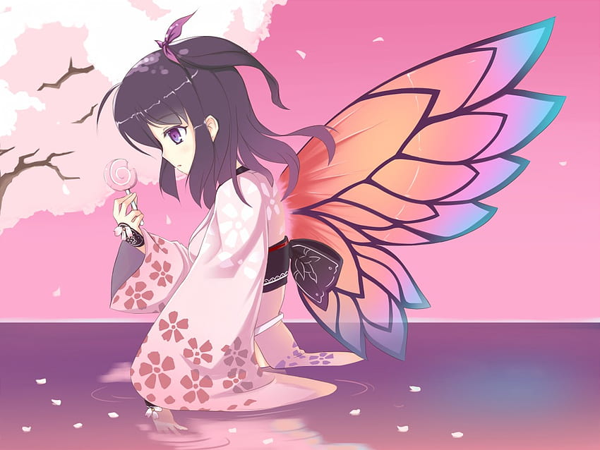 Farfalla, ali, kimono, petali, ragazza, capelli lunghi, anime, fiori di ciliegio, alberi Sfondo HD