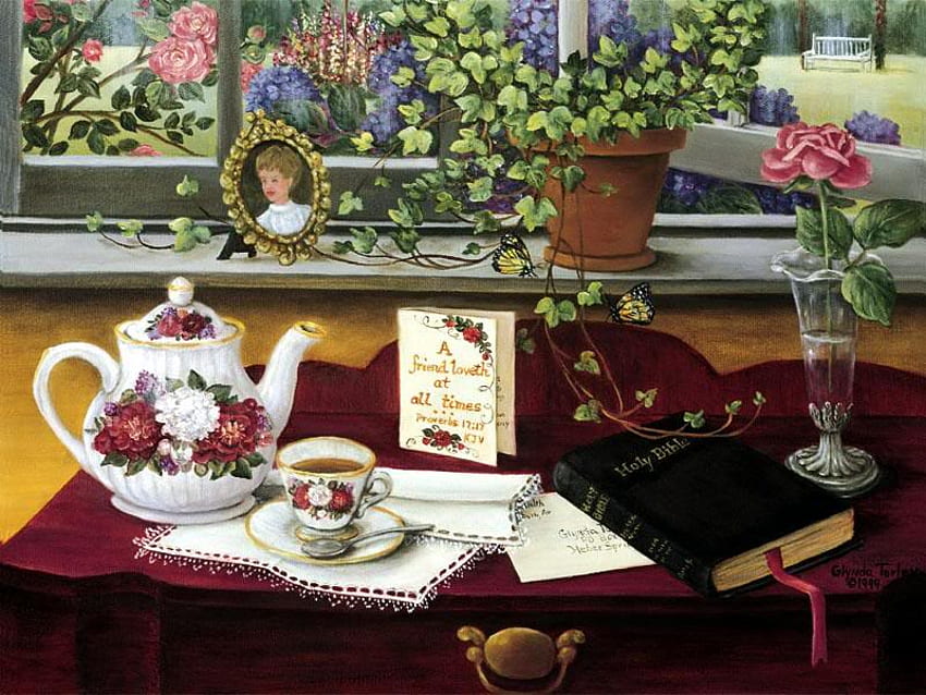 przyjaciel, Biblia, karta, czajniczek, kwiat Tapeta HD