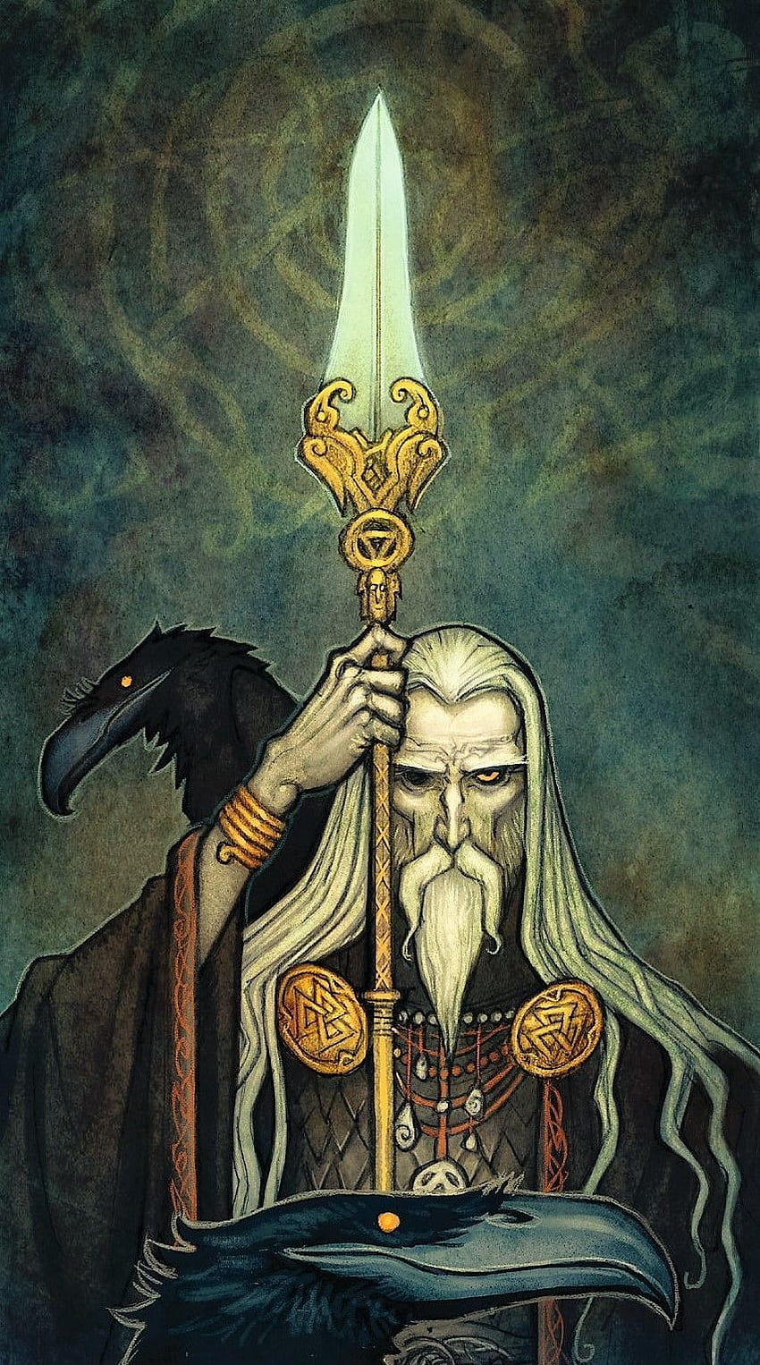 POR JOHAN EGERKRANS. Mito. Mitología nórdica de Odín, arte vikingo fondo de pantalla del teléfono