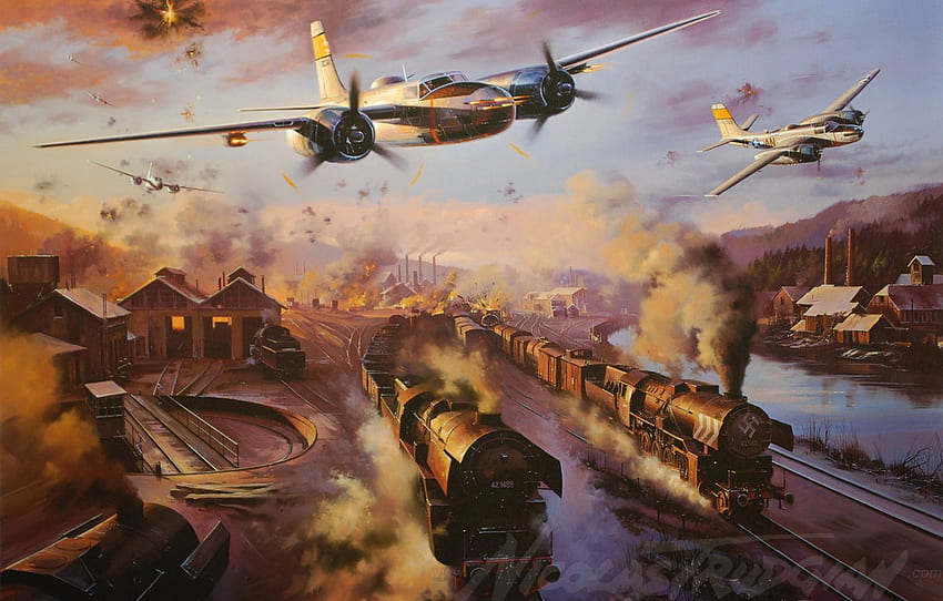The Plane, Bomber, Painting, WW2, Attack, A 26 Invader, Aircraft Art, Invader, A 26 For , Section авиация, WW2 Aviation Art HD wallpaper