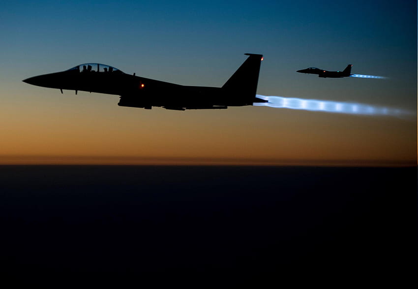 avión, caza a reacción, silueta, noche, avión militar, F 15 Eagle y móvil, jets militares fondo de pantalla