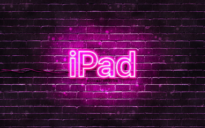 IPad purple logo, , purple brickwall, IPad logo, Apple iPad, brands, IPad neon logo, IPad HD wallpaper