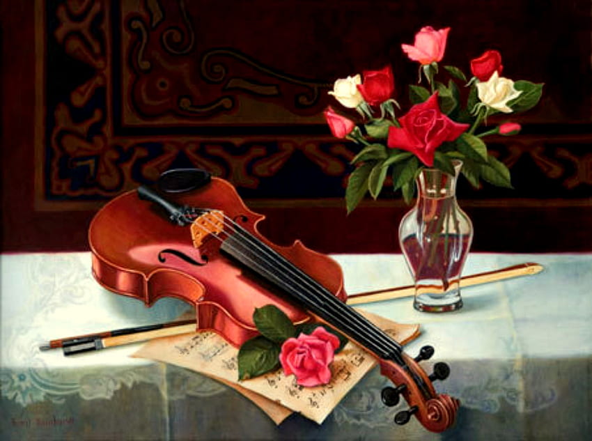 ソナタ、テーブル、ガラス花瓶、バラ、絵画、テーブルクロス、楽譜、ヴァイオリン 高画質の壁紙