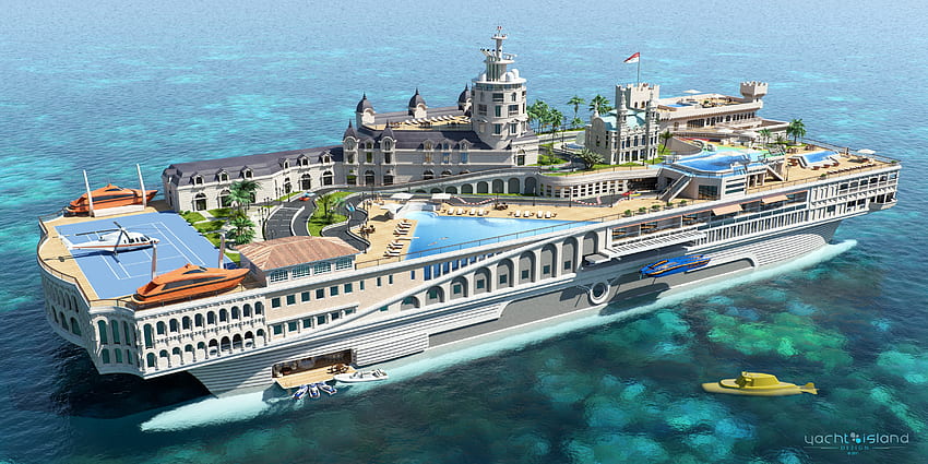 Yacht di lusso dell'isola tropicale, fantasia, superyacht, futuristico, isola tropicale, lusso, yacht Sfondo HD