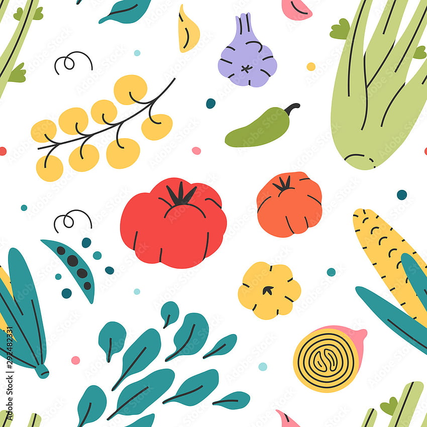 Different veggies seamless vector pattern of hand drawn fresh tasty vegetarian raw food. Repeat with cooking fresh tasty organic vegetables for cooking book, menu or textile fabric print. Stock Vector, Vegetarian Food HD phone wallpaper