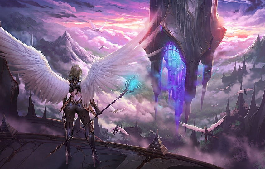 Fantasy castle city cities angels angel wallpaper