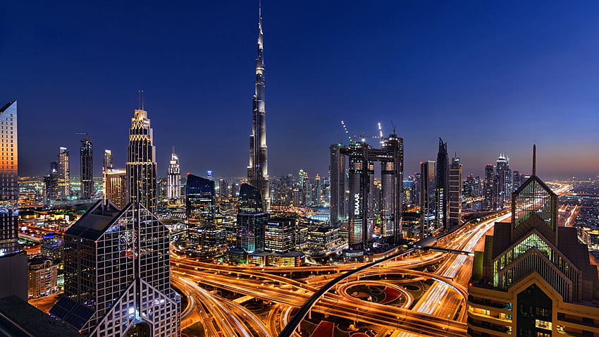 Dubai Emiratos Emiratos Árabes Unidos Carreteras noche rascacielos fondo de pantalla