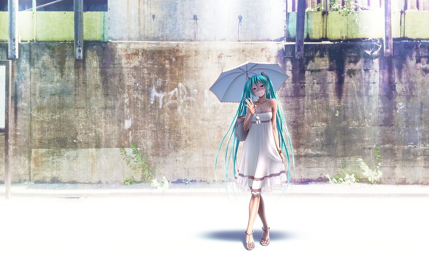 Art Hatsune Miku Vocaloid Girl Street Umbrella Anime, Payung Kartun Wallpaper HD