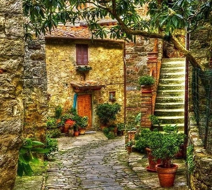Stone Street, vecchia, architettura, pietra, bella, fiori, case Sfondo HD