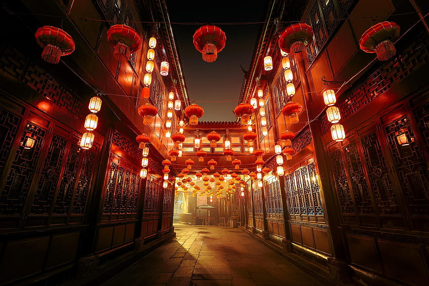 Jinli Street, chengdu, lanterne, luci, strada, Cina Sfondo HD