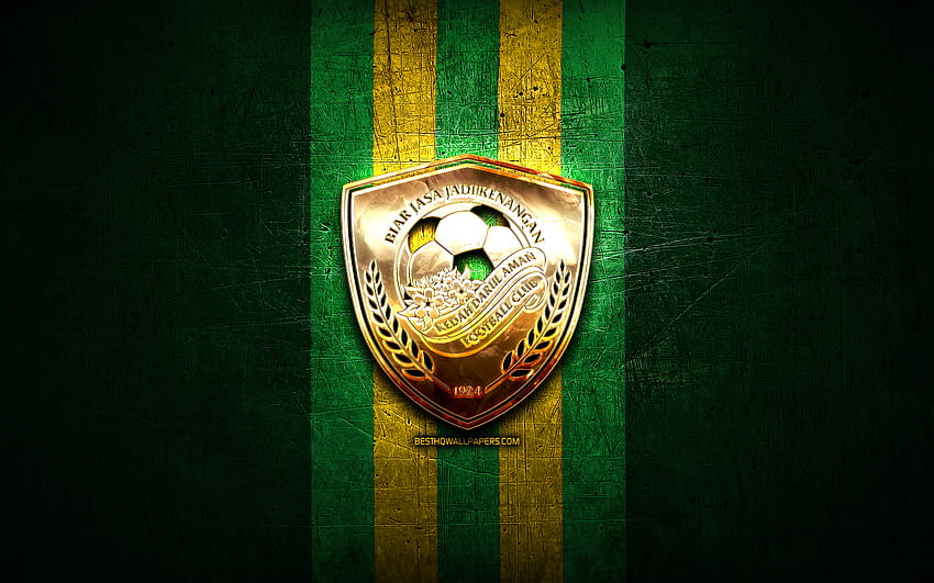 Kedah FC, złote logo, Malaysia Super League, zielone metalowe tło, piłka nożna, malezyjski klub piłkarski, logo Kedah FC, piłka nożna, Kedah Darul Aman FC Tapeta HD