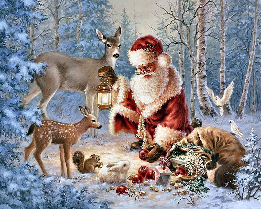 Santa Feeding Wildlife F、冬、機会、りんご、休日、風景、絵画、雪、ウサギ、12 月、鳩、鳥、アート、美しい、イラスト、アートワーク、ワイド スクリーン、サンタ、クリスマス、鹿、リス 高画質の壁紙