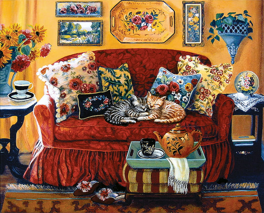 Tea Time F1C, 動物, アート, 猫, ネコ, 美しい, アートワーク, ワイド スクリーン, 絵画, ペット 高画質の壁紙
