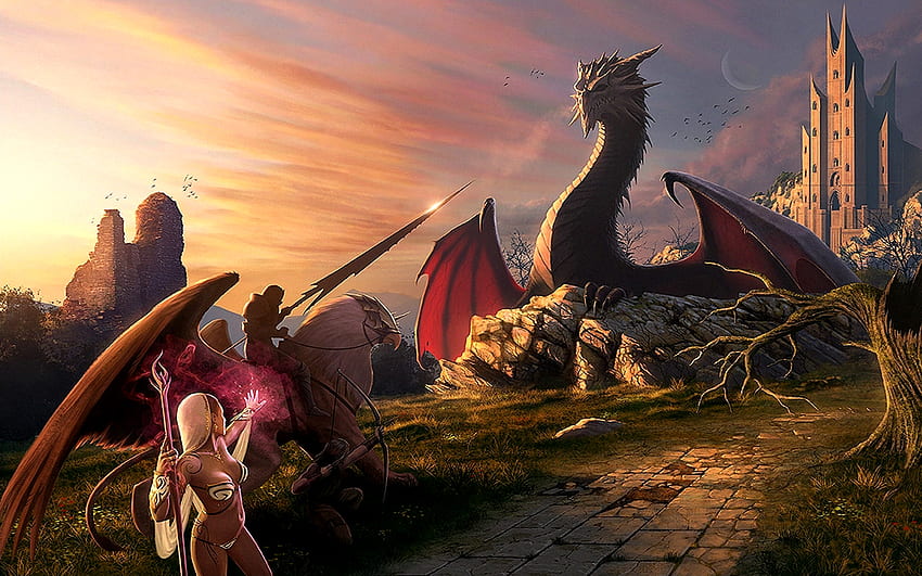 Dragon Fantasy, dragon, fantasy, female, warriors HD wallpaper