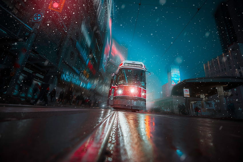 Toronto, Tram, vehicle, city, night, lights, art HD wallpaper