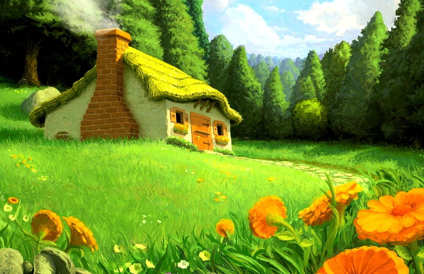 Forest Beauties, Cartoon House HD wallpaper