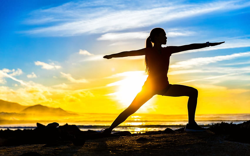 Yoga, mañana, amanecer, posturas de yoga, ejercicios, estilo de vida saludable con resolución. Alta calidad fondo de pantalla