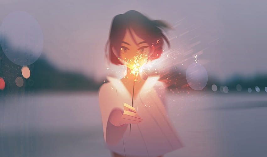 線香花火を持つアニメの女の子、オリジナル、アニメ 高画質の壁紙