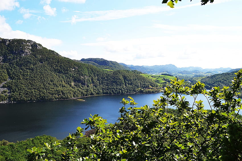 Norwegian Nature, blue, norway, tree, mountain, lake, summer, green, clouds, trees, nature, sky, warm, water, cloud HD wallpaper