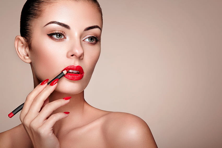 女性モデル メイク 赤い口紅 塗られた爪 顔 シンプルな背景 - 解像度: 高画質の壁紙