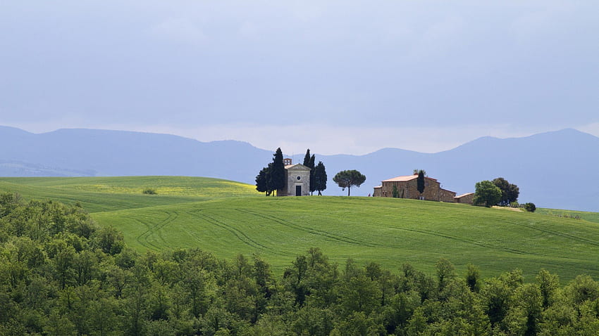 kapel dan sekolah di padang rumput tuscan, kapel, pohon, ladang, padang rumput, rumput, sekolah Wallpaper HD