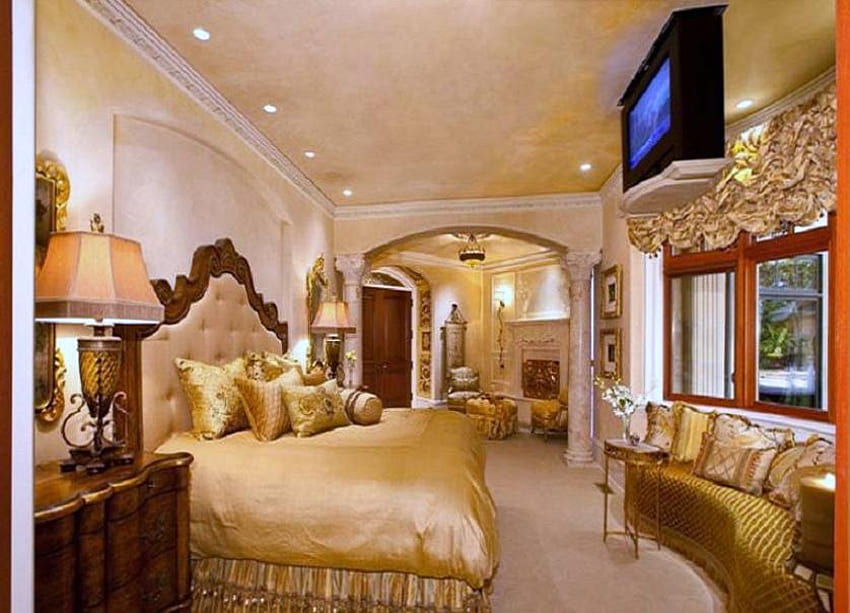 Dobry sen, sypialnia, luksus, okno, światła, lampy, złoty wystrój, poduszki, telewizor Tapeta HD