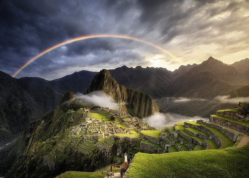 Rainbow over Macchu Picchu, clouds, Peru, sky, mountains HD wallpaper