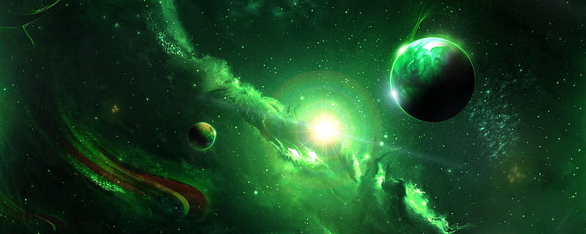 space, galaxy, planets, green HD wallpaper