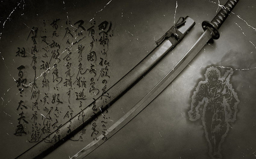 灰色の碑文日本語漢字刀忍者サムライ剣、死の日本のシンボル 高画質の壁紙