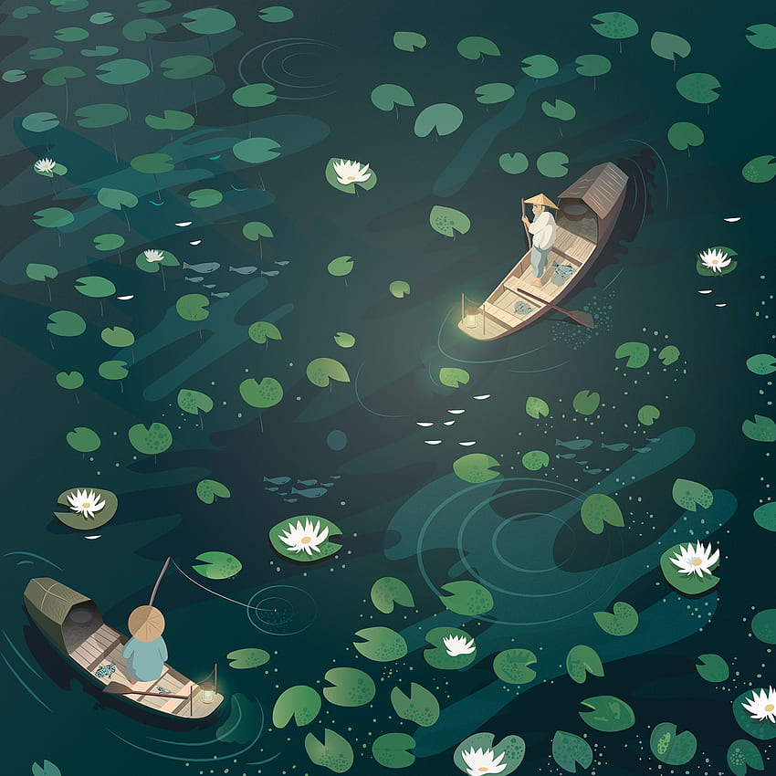 Art, Water Lilies, Boat, Fisherman HD phone wallpaper