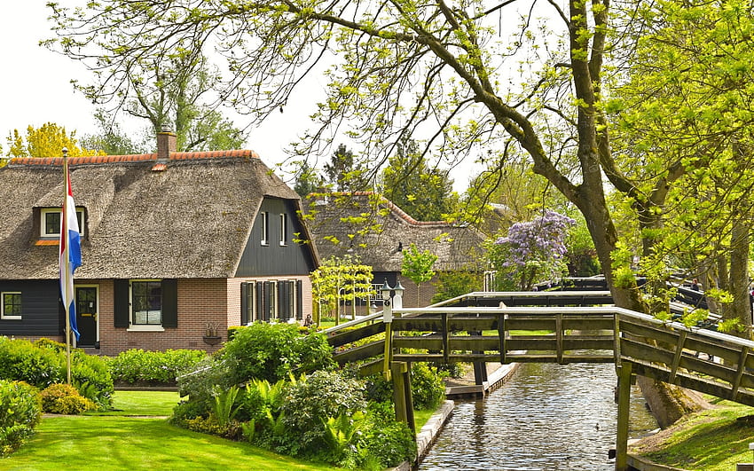 ฤดูใบไม้ผลิในเนเธอร์แลนด์ คลอง ต้นไม้ สะพาน ฤดูใบไม้ผลิ บ้าน เนเธอร์แลนด์ วอลล์เปเปอร์ HD