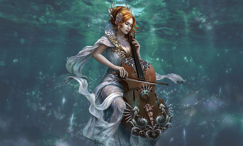 Music Under Water, softness, music, fantasy, fantasy girl, cello, water, unearthly HD wallpaper