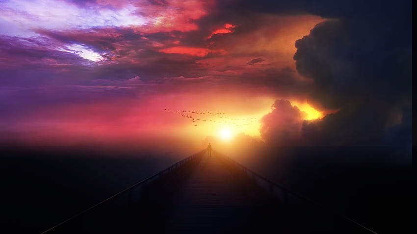 Ein friedlicher Moment, draußen, Mann, Wolken, bunt, Himmel, Natur, Sonnenuntergang HD-Hintergrundbild