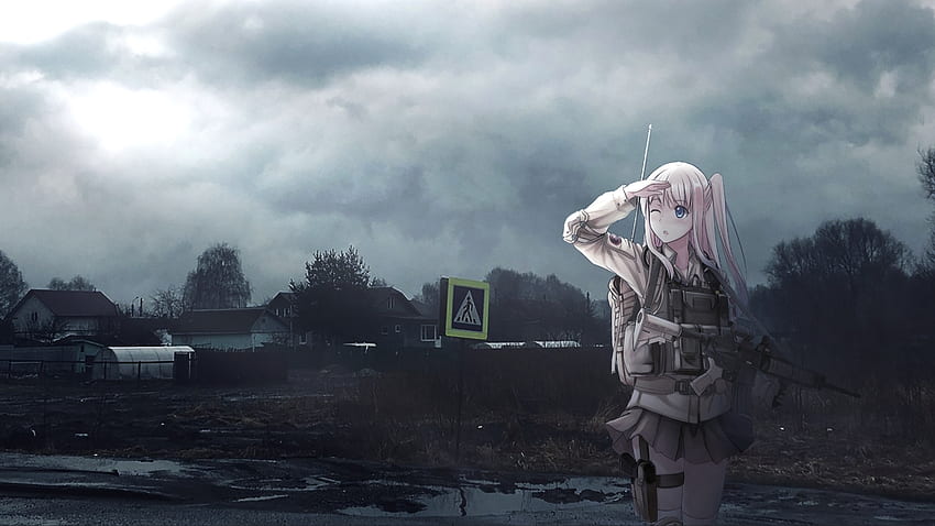 Anime girl with a machine gun in a Russian village - anime live [ ] HD wallpaper