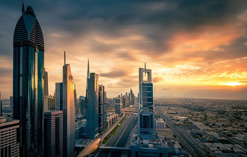 o sol, pôr do sol, a cidade, a noite, Dubai, Emirados Árabes Unidos para, seção город papel de parede HD