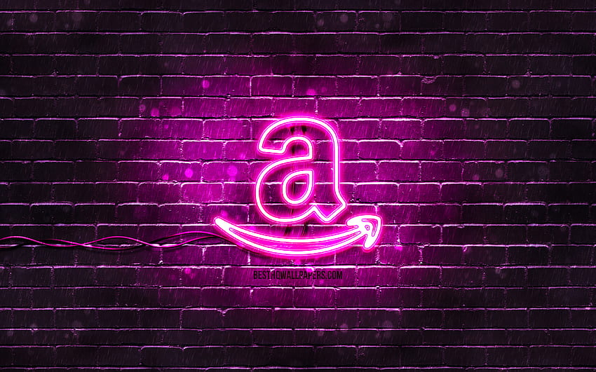 Logotipo púrpura de Amazon, pared de ladrillo púrpura, logotipo de Amazon, marcas, logotipo de neón de Amazon, Amazon fondo de pantalla