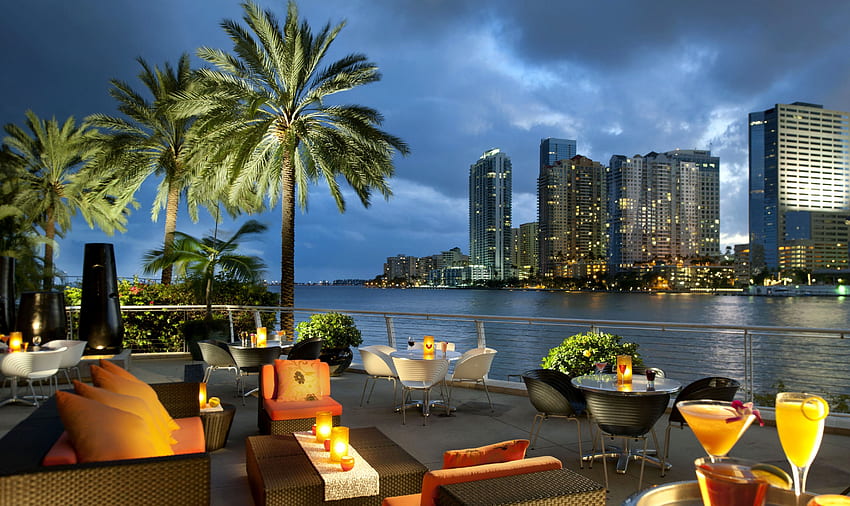 Städte, Palmen, USA, Stadt, Meer, USA, Bucht, Miami, Café, Café, Tische, Florida, Couchtische HD-Hintergrundbild