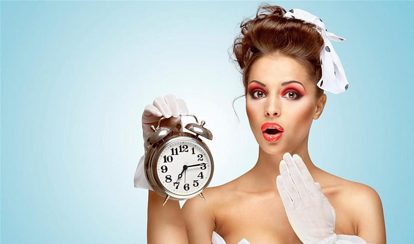 Retro Style, fashion, white gloves, ribbon, alarm clock, hair style, surprised expression, beauty HD wallpaper