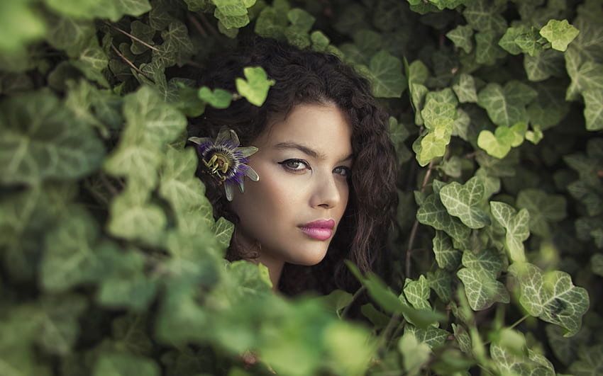Beauty, model, girl, woman, ivy, flower, green, face, leaf HD wallpaper