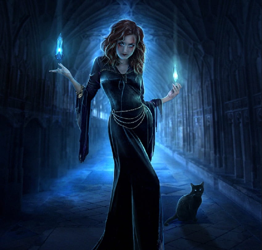 Blue Witch, blue, hall, fantasy, flames, cat, female HD wallpaper