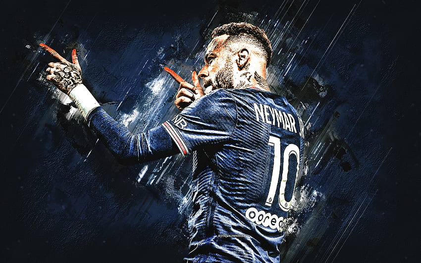 Neymar, PSG, calciatore brasiliano, ritratto di Neymar del Paris Saint-Germain, Francia, blu grunge, calcio Sfondo HD