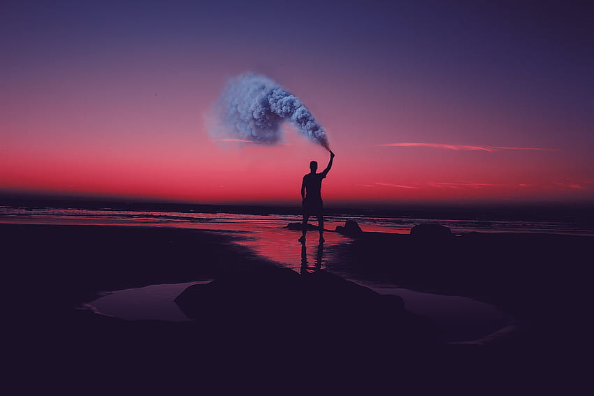 Sunset, Shore, Bank, Dark, Human, Person, Colored Smoke, Coloured Smoke HD wallpaper