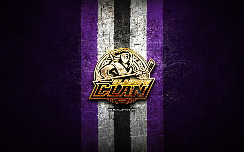 Glasgow Clan, goldenes Logo, Elite League, violetter Metallhintergrund, englisches Hockeyteam, Glasgow Clan-Logo, Hockey HD-Hintergrundbild