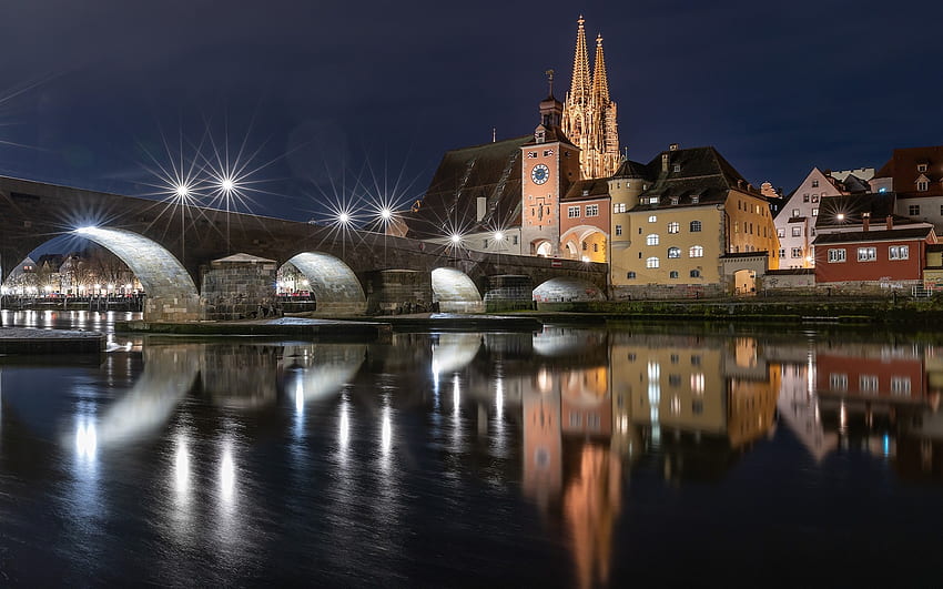 Regensburg, Germany, night, river, bridge, church, houses, Germany HD wallpaper