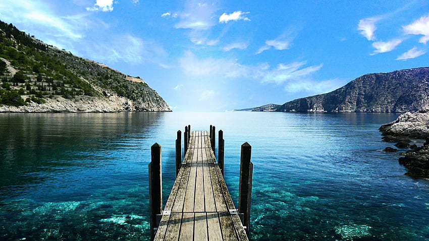 Embarcadero, puente de madera, lago, día soleado fondo de pantalla